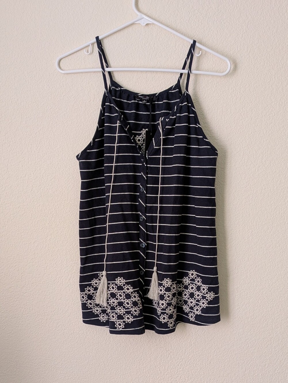 Romeo & Juliet Couture Navy and White Striped Tank with Tassel Tie